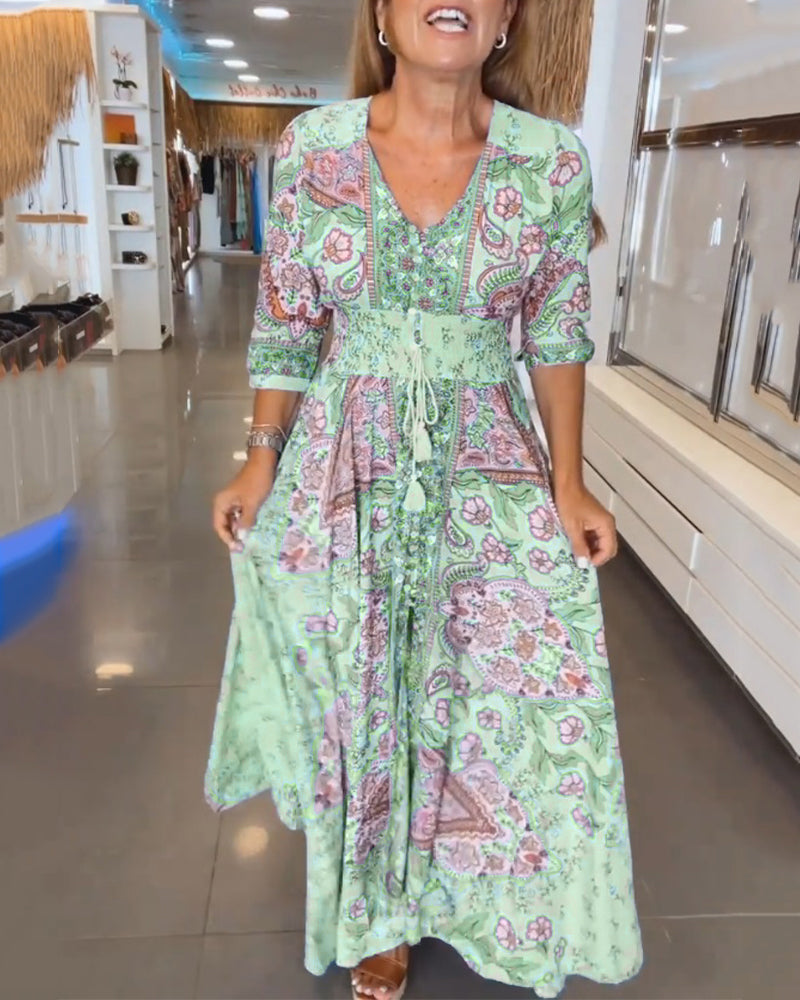 Helia - V-Neck 3/4 Sleeve Holiday Dress