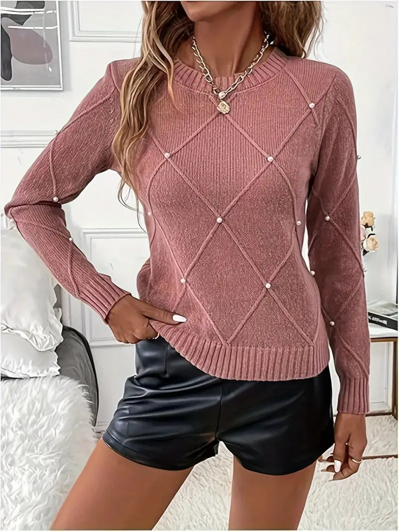 Fayrienne - Women's Knitted Jumper with Decorative Pearls