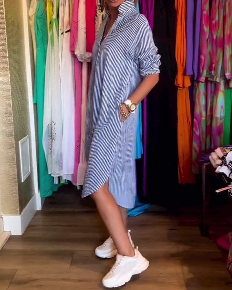 Cato - Striped Lapel Shirt Dress