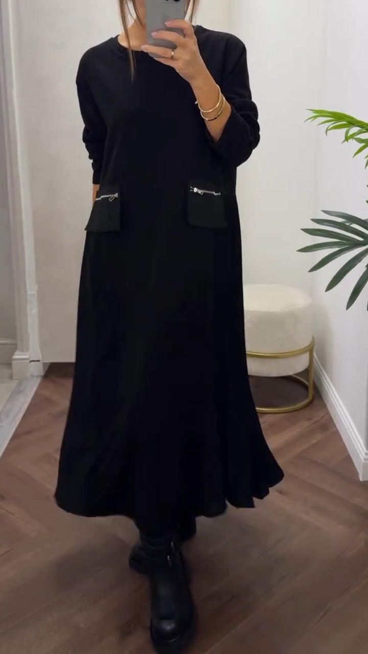 Isenelle - Casual Pleated Dress with Round Neck and Pockets