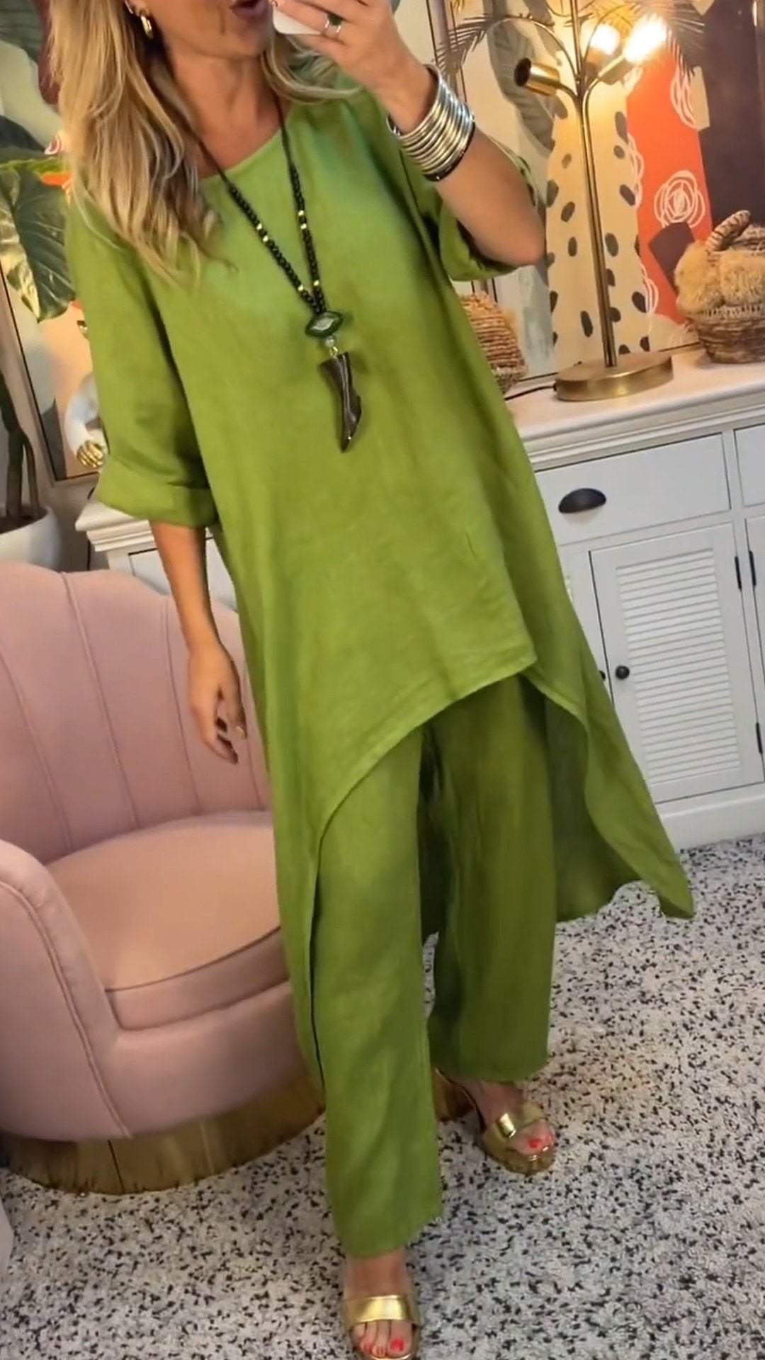 Melantha™ - Two Piece Cotton and Linen Round Neck Long Sleeve Set