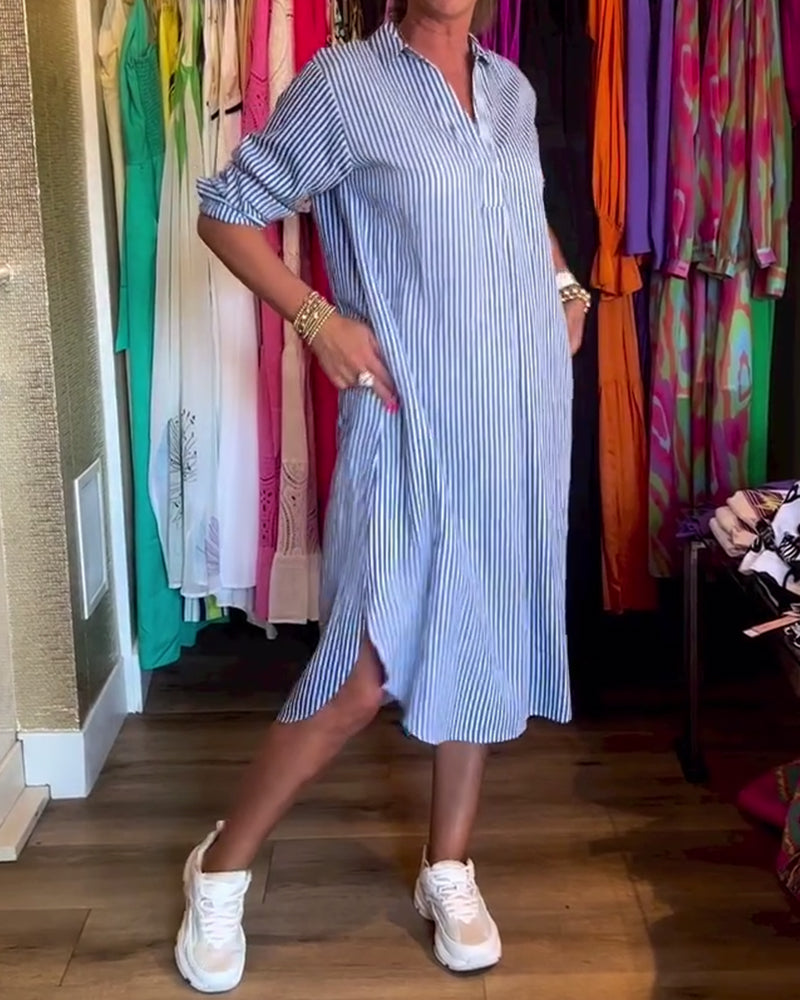 Cato - Striped Lapel Shirt Dress