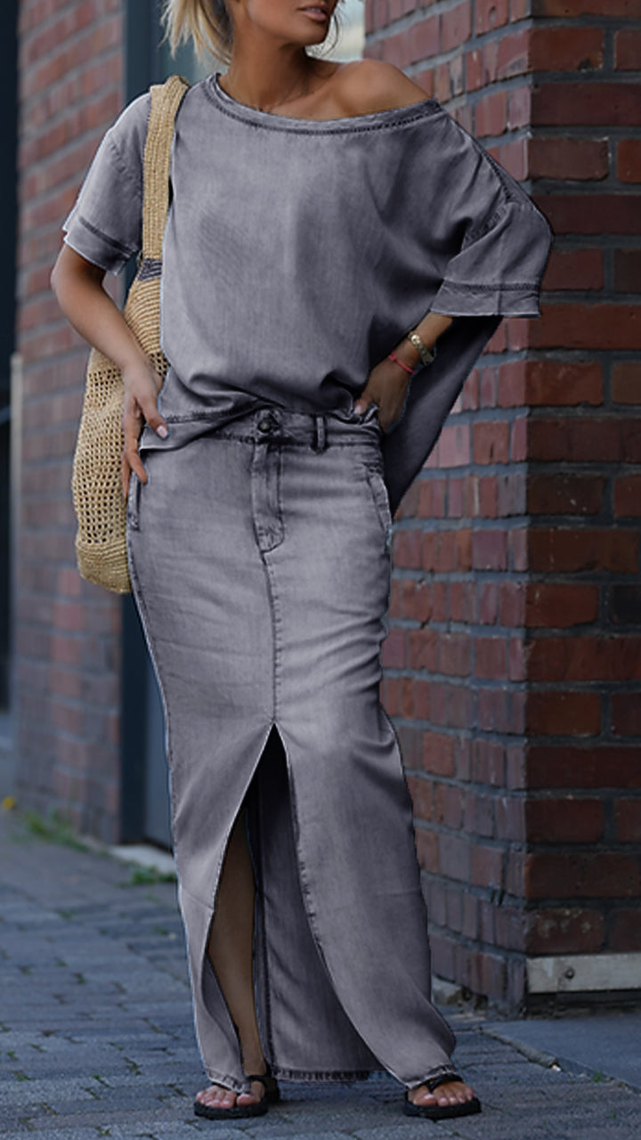 Mireya - Women's Casual Set in Denim Tencel with Round Neckline
