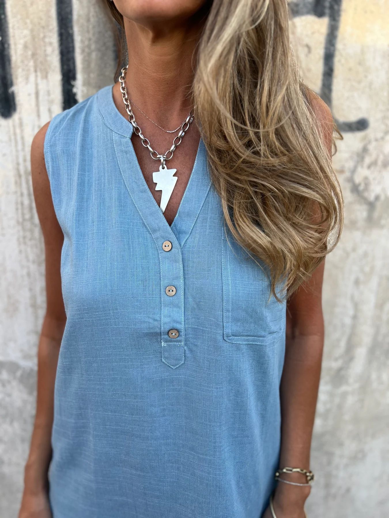 Nerelle - Cotton and linen V-neck casual dress with side pocket