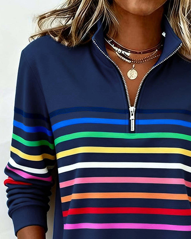 Isavelline - Casual Zip-Up Sweatshirt with Colourful Stripes