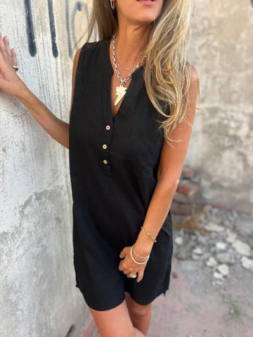 Nerelle - Cotton and linen V-neck casual dress with side pocket