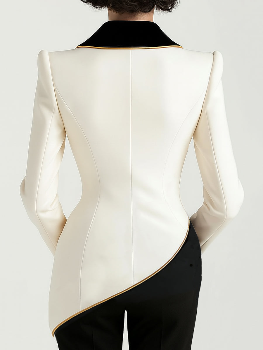 Kaenisse - Elegant White Asymmetrical Blazer with Black Lapels