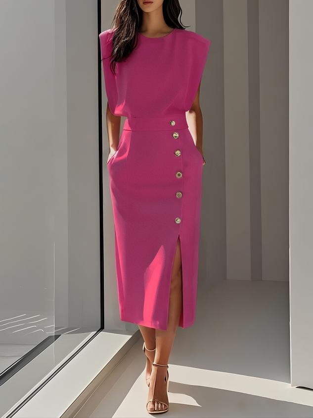 Floralia™ - Plain midi dress with button slit and round neckline