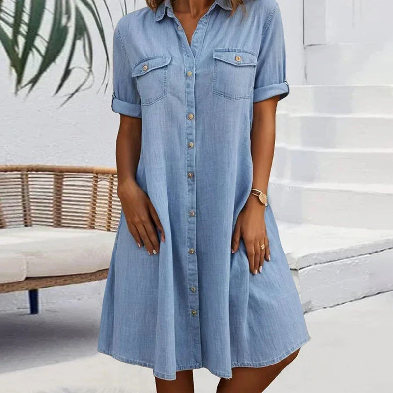 Evelina - Midi Dress with Lapel Collar and Button Fastening