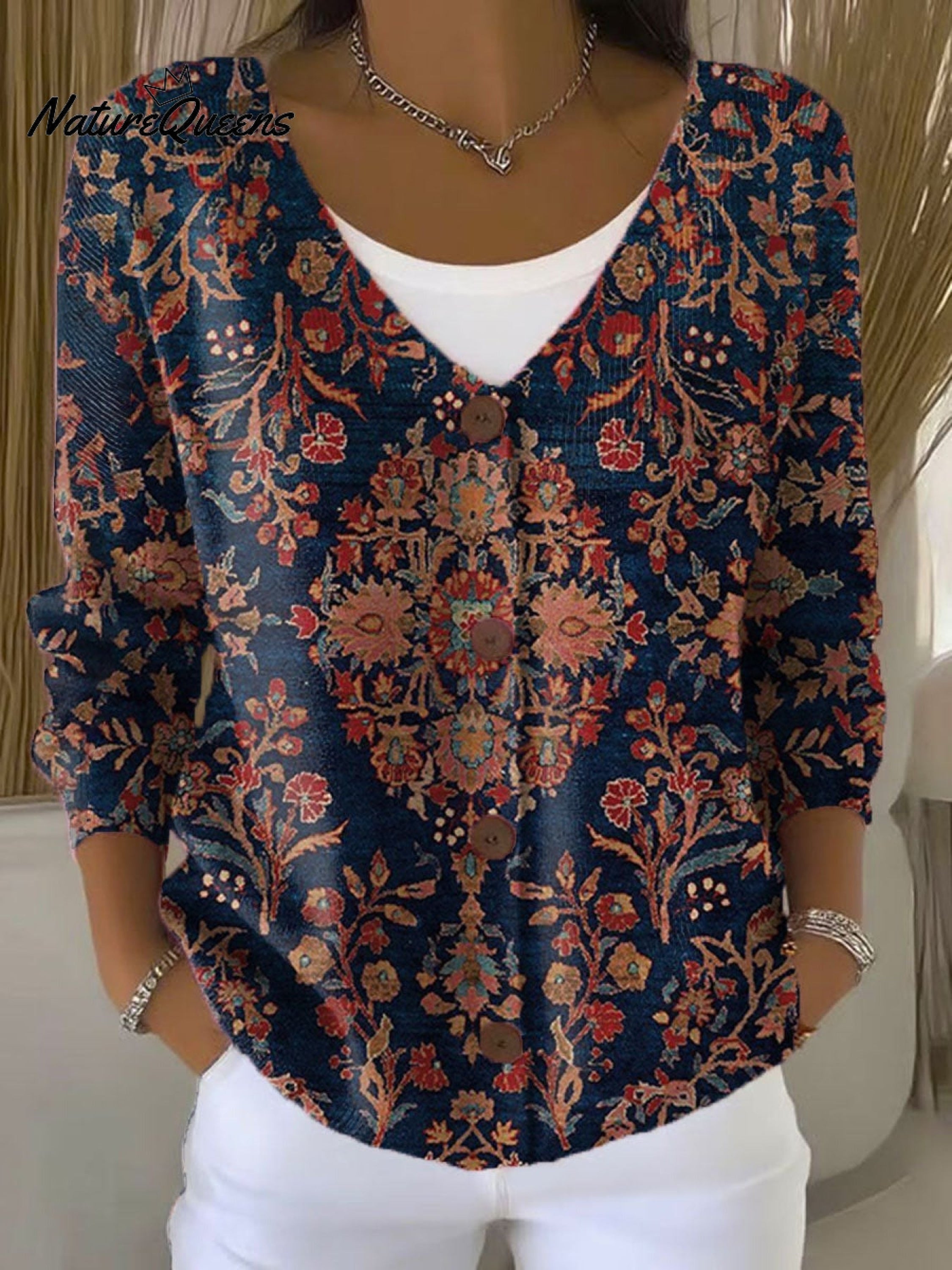 Jovelle - Vintage Floral Print Linen Tunic Dress for Women