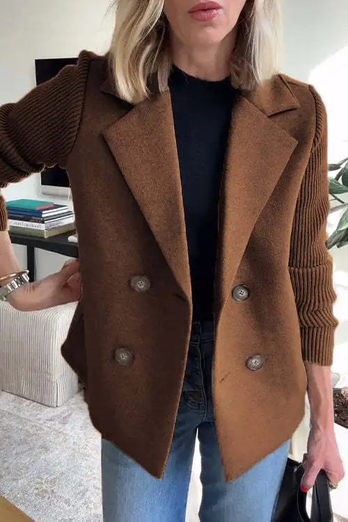 Augustine - Casual Coat with Collar and Patchwork Sleeves