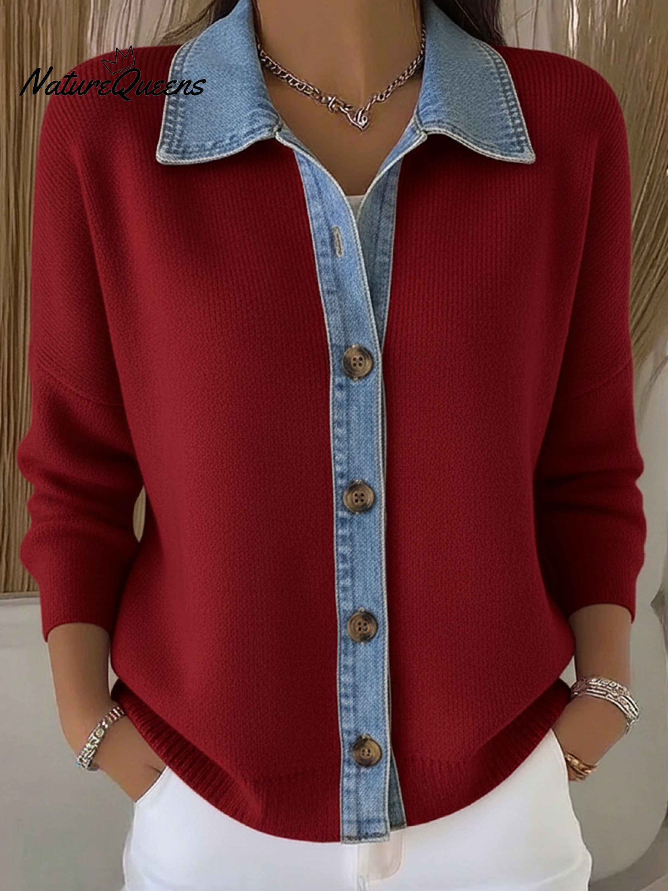 Ceralisse - Denim Effect Knitted Cardigan with Polo Collar