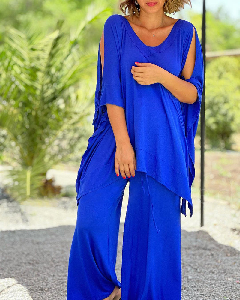 Ginevra - Casual Two Piece Set with V-Neckline and Wide Legs