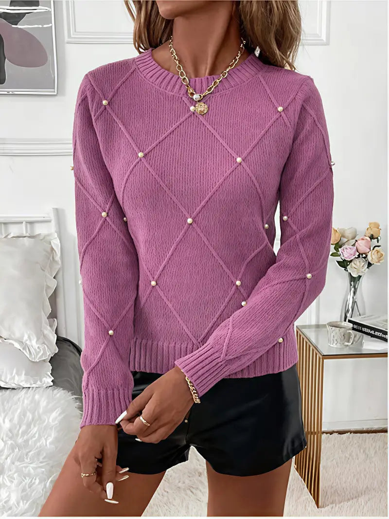 Fayrienne - Women's Knitted Jumper with Decorative Pearls