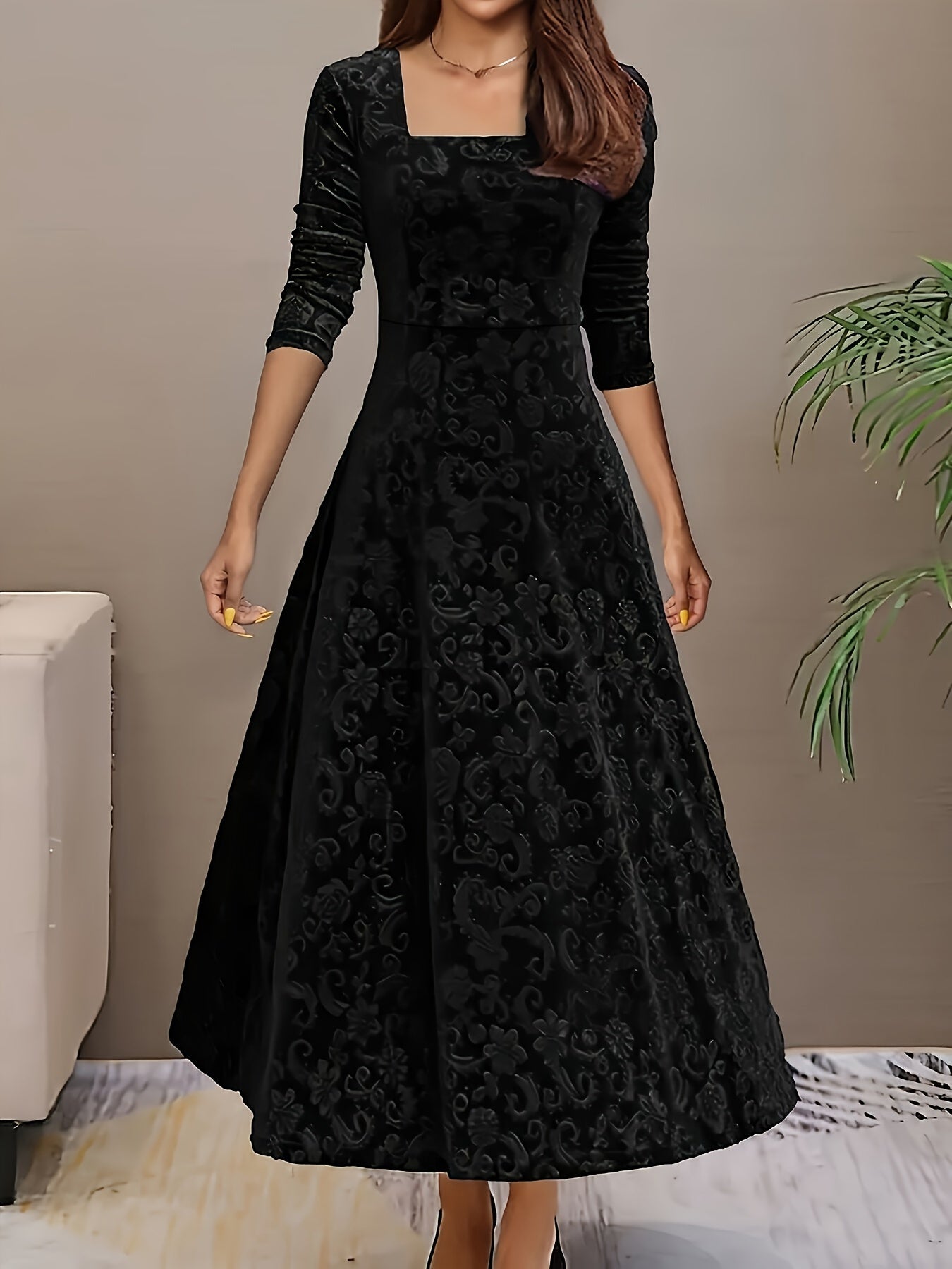 Morwenna - Stylish Cotton Floral Pattern Square Neck Velvet Formal Dress for Women | Ideal for Every Season