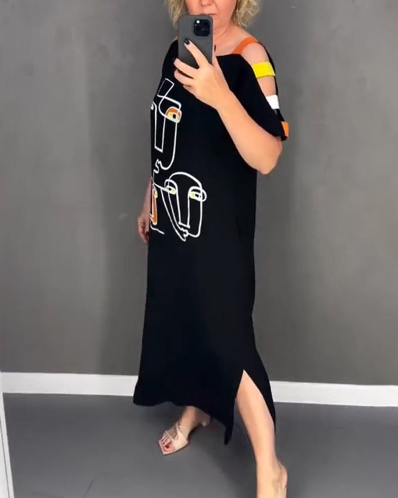 Primina - Slit Print Cut-Out Off-Shoulder Dress