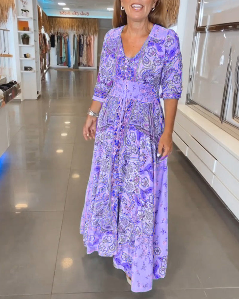 Helia - V-Neck 3/4 Sleeve Holiday Dress