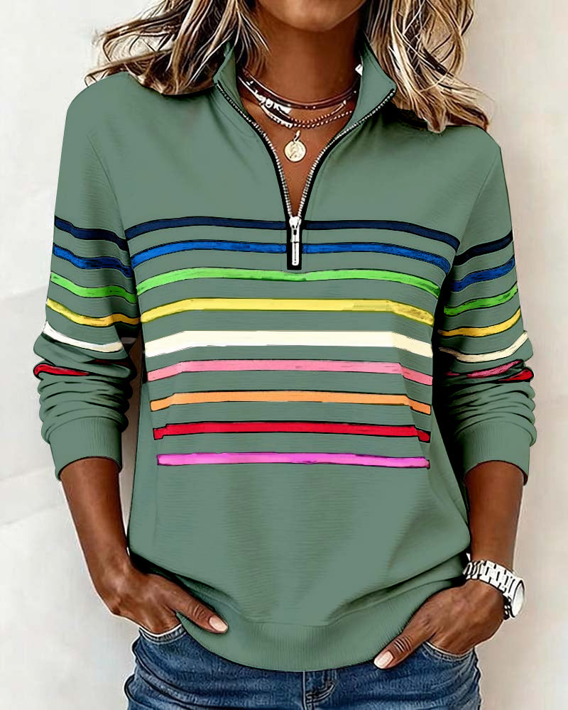 Isavelline - Casual Zip-Up Sweatshirt with Colourful Stripes