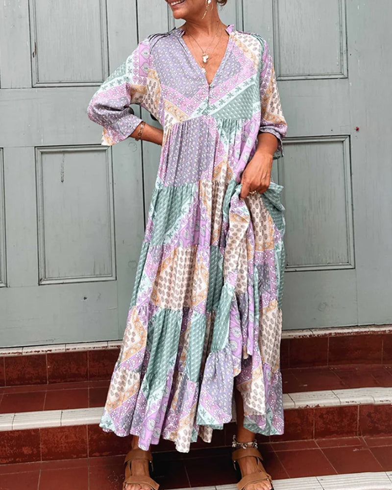 Quinna - Colorful Maxi Dress with Color Block Print and 3/4 Sleeves