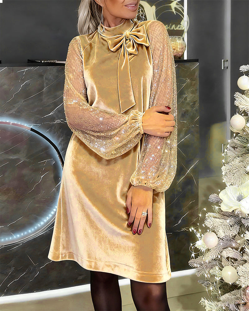 Helisorae - Elegant Patchwork Dress with Lantern Sleeves