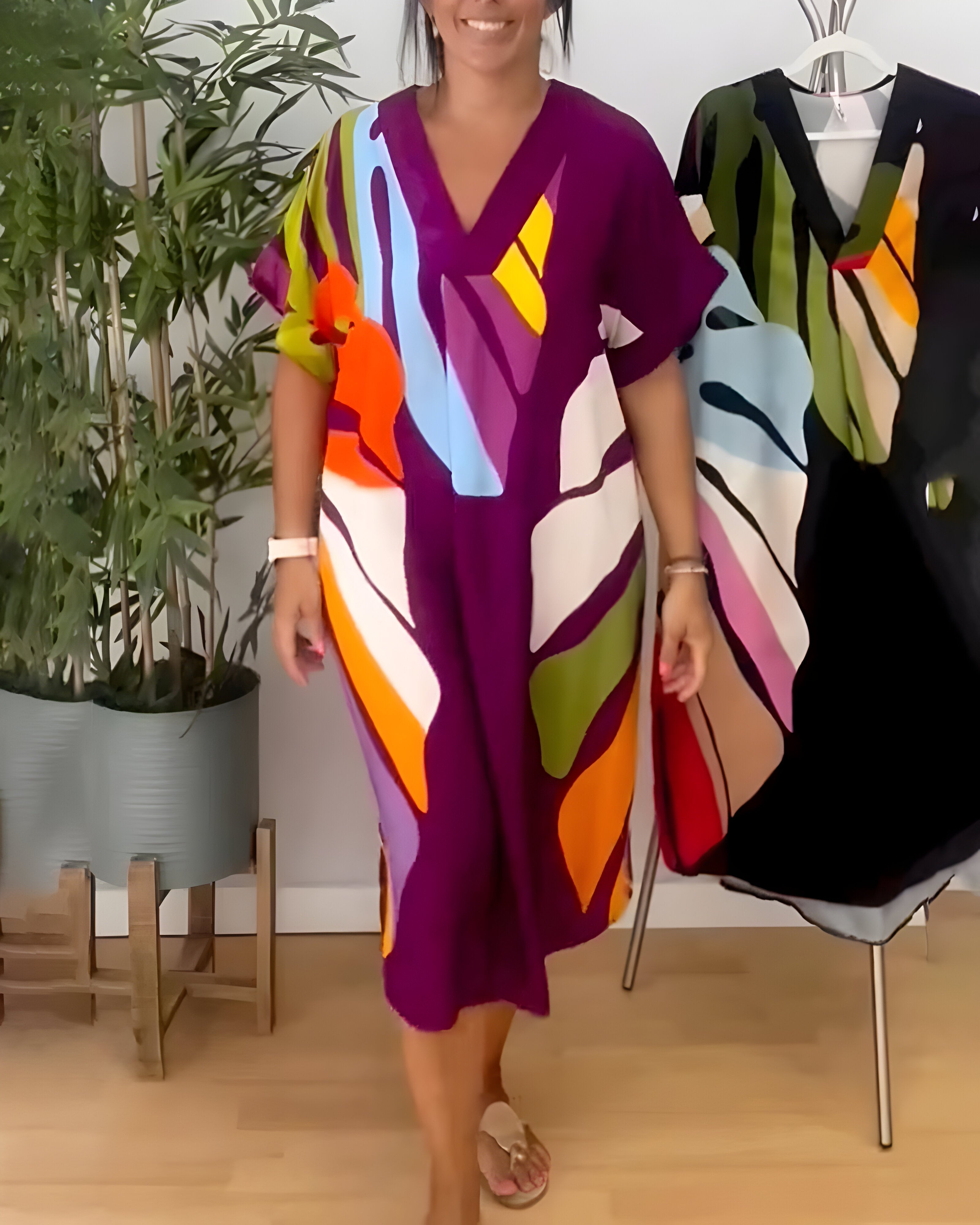 Nerissa - Colorful Leaf Print Casual Dress for Fresh, Natural Style