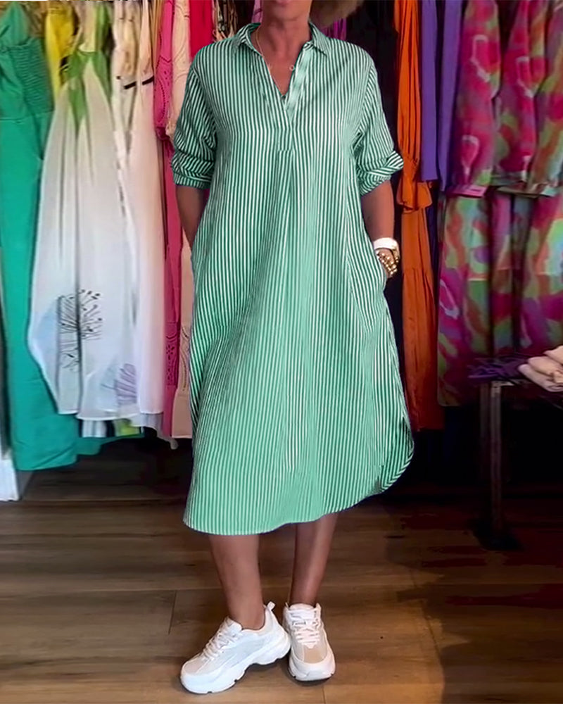 Cato - Striped Lapel Shirt Dress