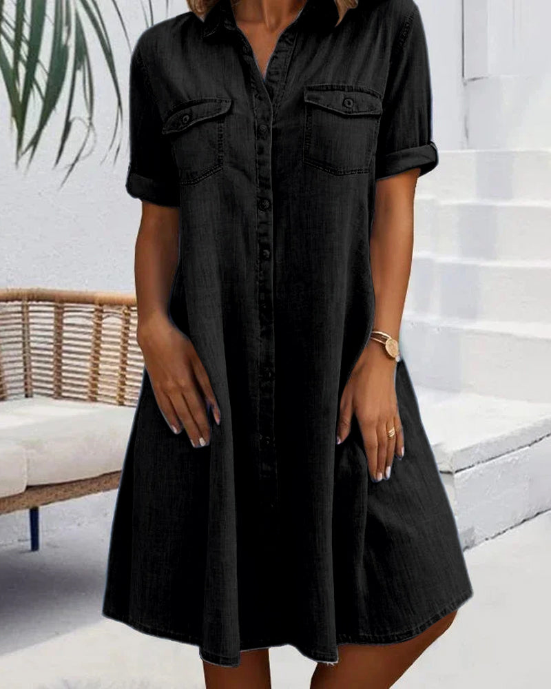 Evelina - Midi Dress with Lapel Collar and Button Fastening