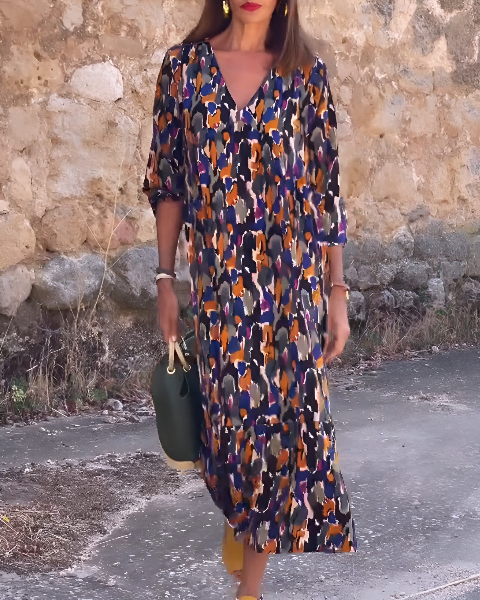 Lorina - Retro print V-neck dress