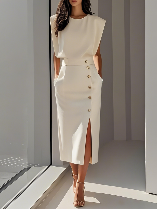 Floralia™ - Plain midi dress with button slit and round neckline