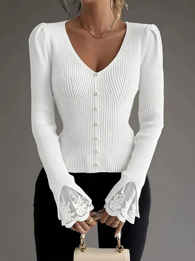 Noralissa - Elegant Lace-Trimmed Sweater with V-Neck