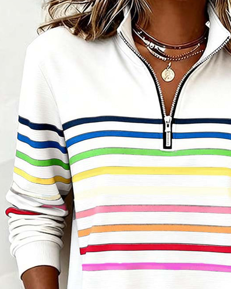 Isavelline - Casual Zip-Up Sweatshirt with Colourful Stripes