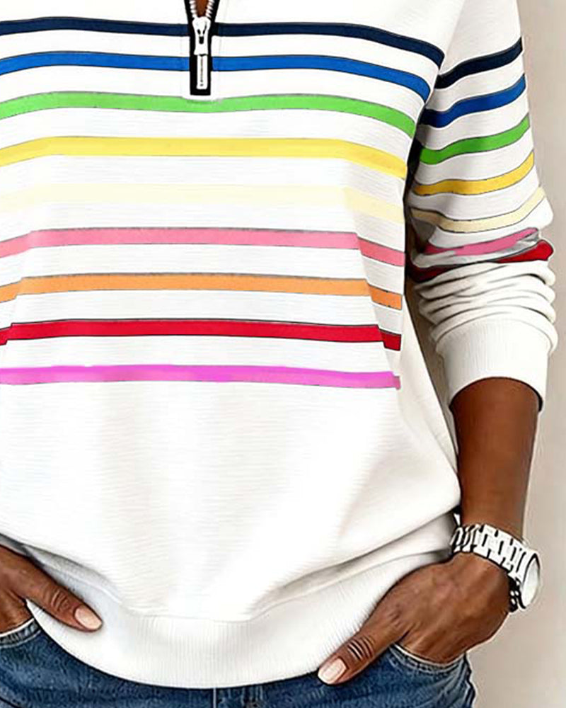 Isavelline - Casual Zip-Up Sweatshirt with Colourful Stripes
