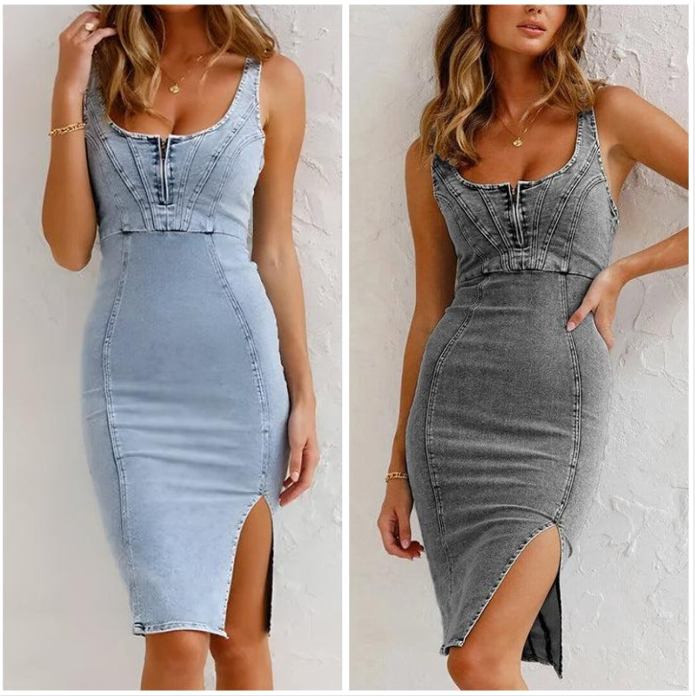 Estelle - Adjustable Straps Denim Bodycon Dress with U-Shape Neckline and Slit