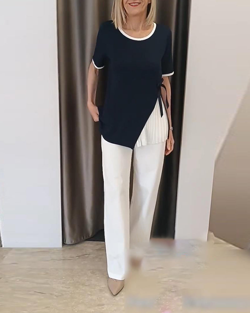 Blouse Col Rond Contraste Plissée
