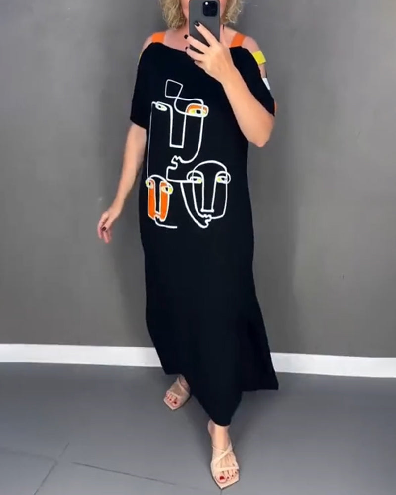 Primina - Slit Print Cut-Out Off-Shoulder Dress