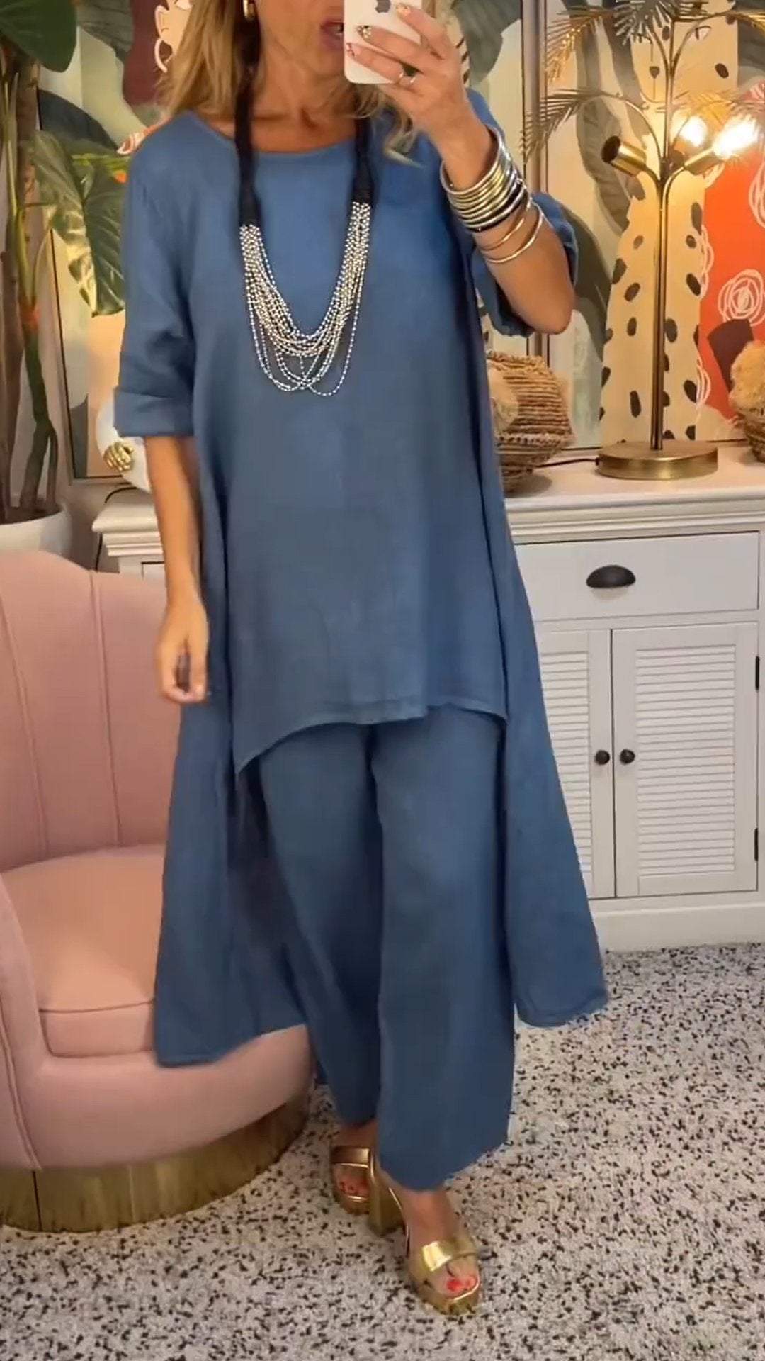 Melantha™ - Two Piece Cotton and Linen Round Neck Long Sleeve Set