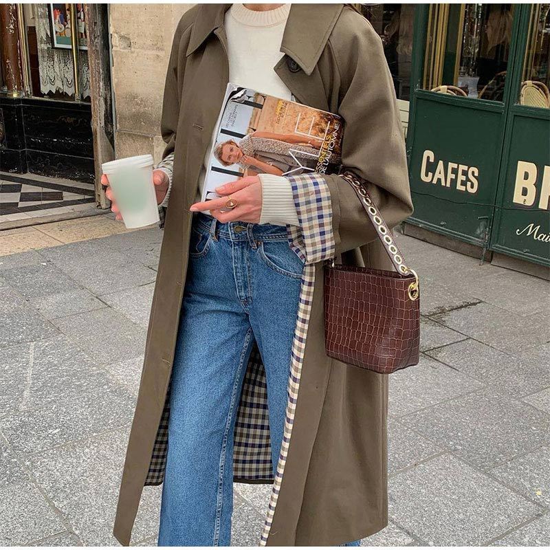 Blythe - Women's Elegant Long Trench Coat with Grid Lining in Khaki Green | Ideal for Autumn/Winter