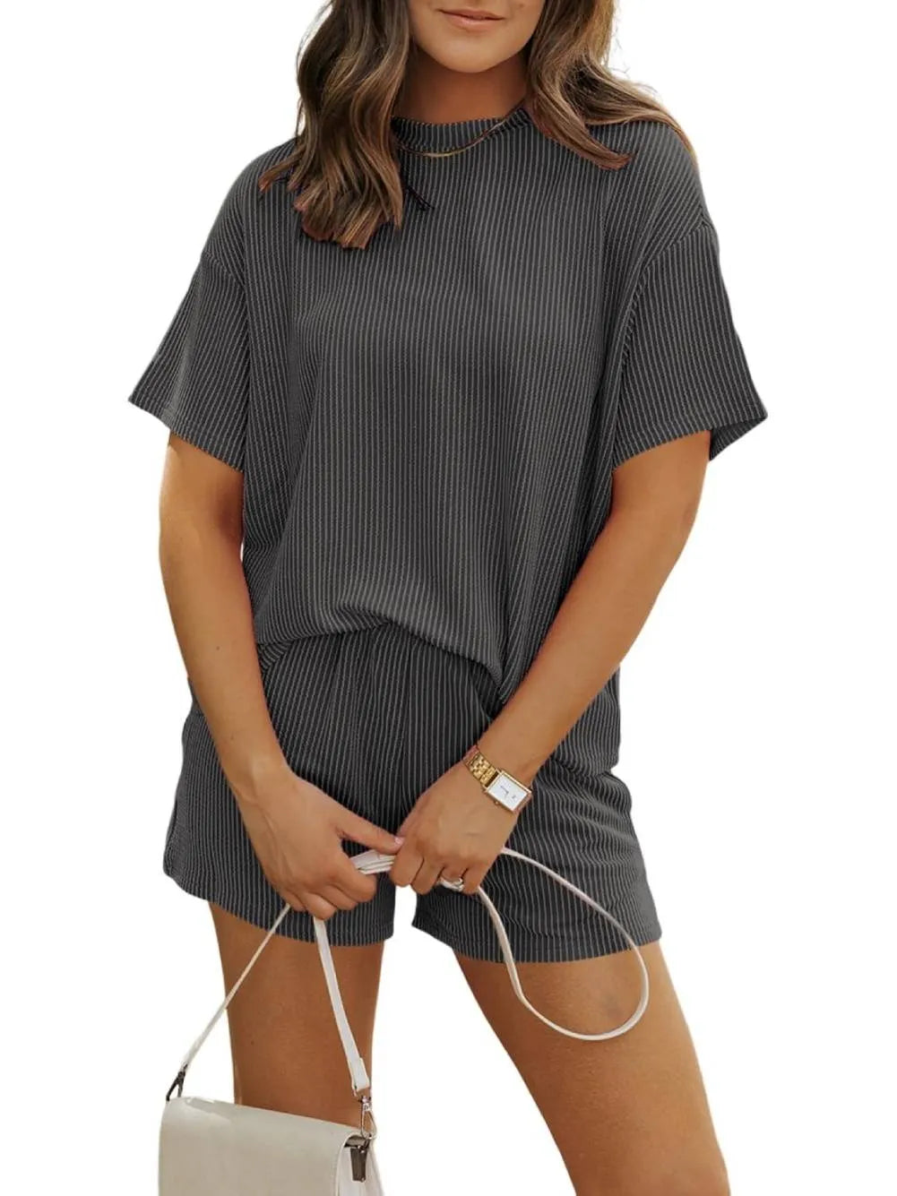 Irina - Ribbed Textured Shorts Set with Crew Neck
