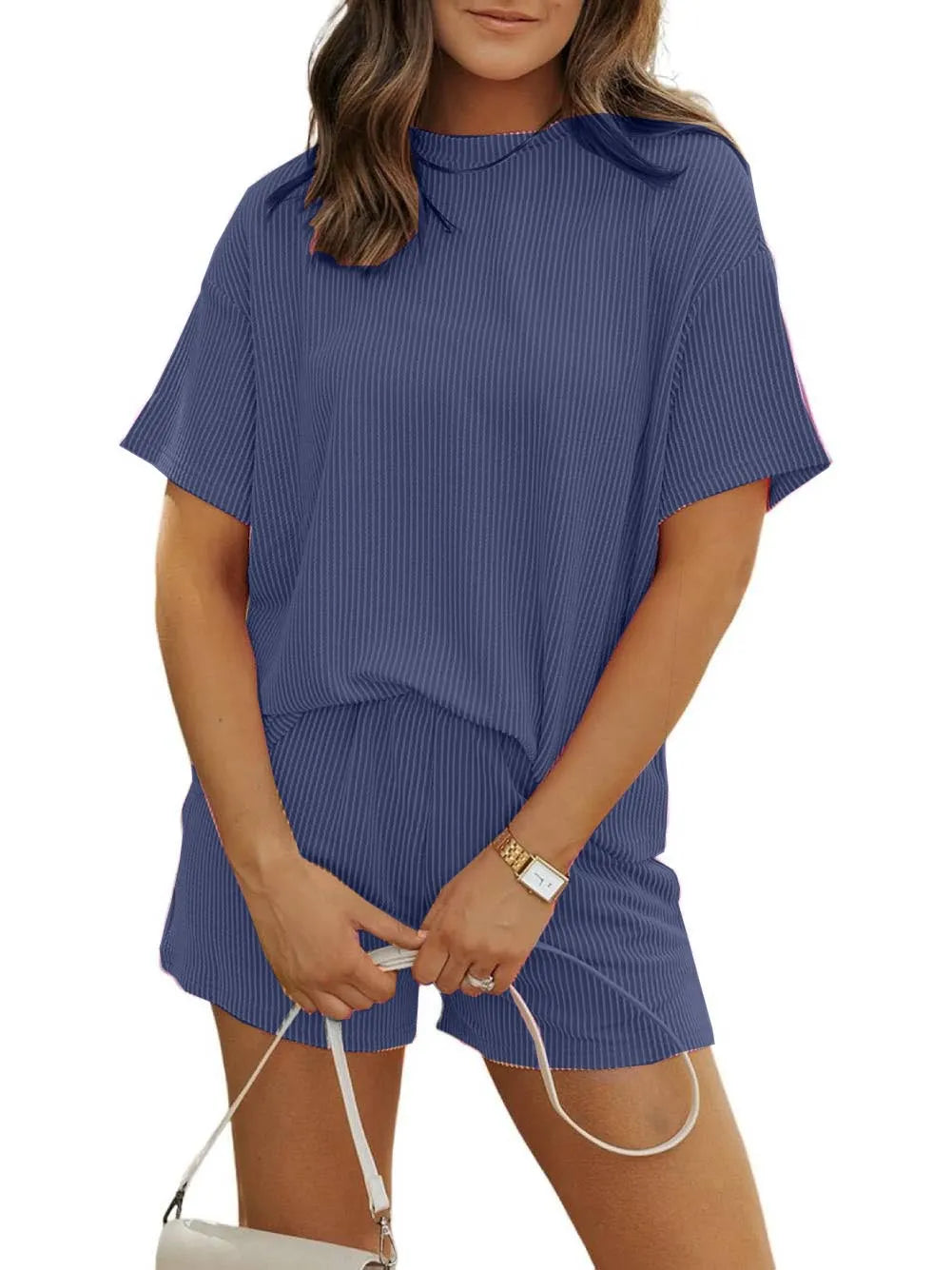 Irina - Ribbed Textured Shorts Set with Crew Neck