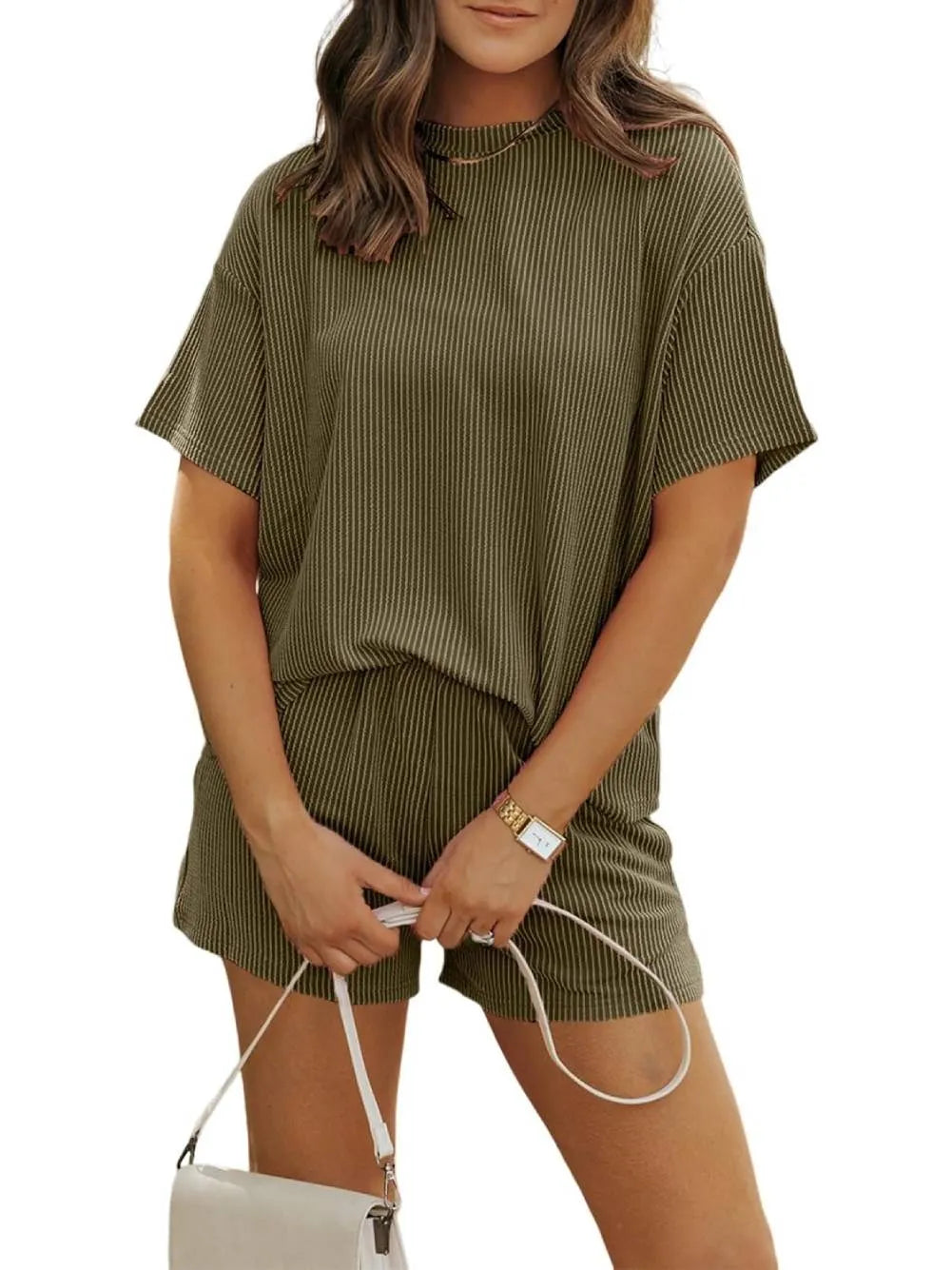 Irina - Ribbed Textured Shorts Set with Crew Neck