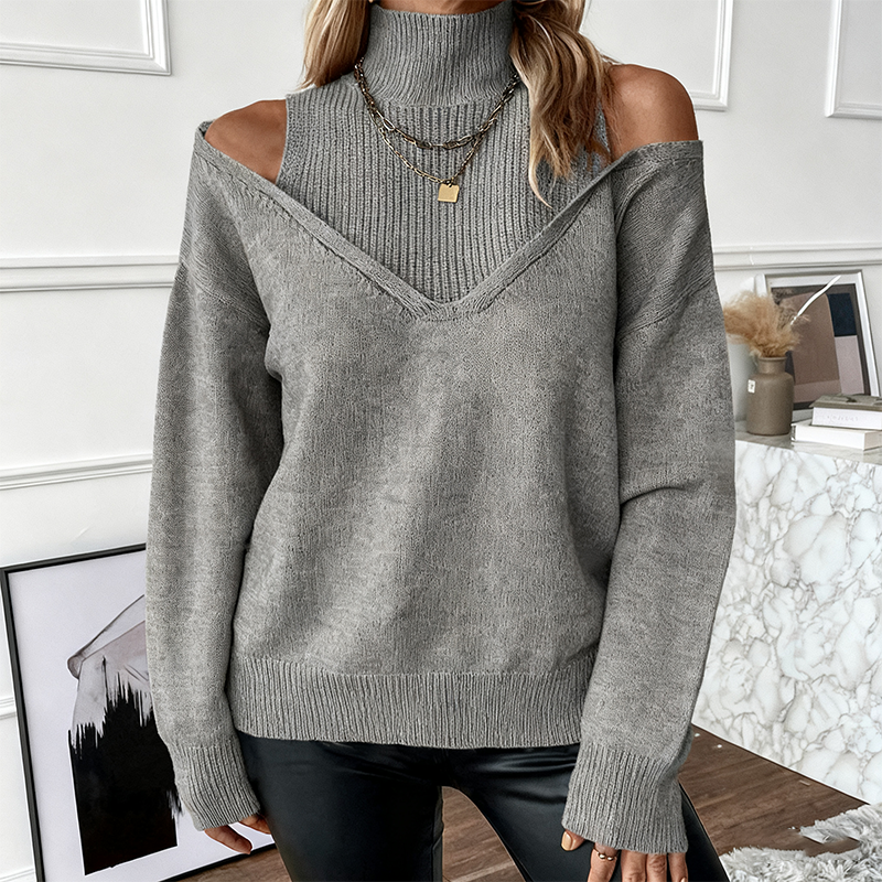 Avenelle - Women's Bold Wool Jumper with High Neck and Off-Shoulder Design