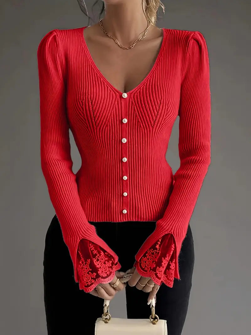 Noralissa - Elegant Lace-Trimmed Sweater with V-Neck