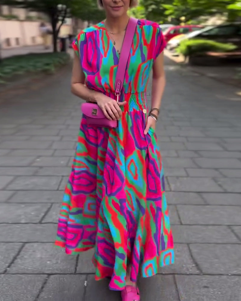 Roxana™ - Maxi-jurk met kleurrijke print, V-hals en raglanmouwen