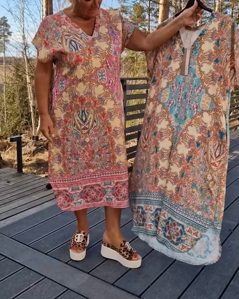 Ailina™ - Printed V-Neck Short Sleeve Straight Dress