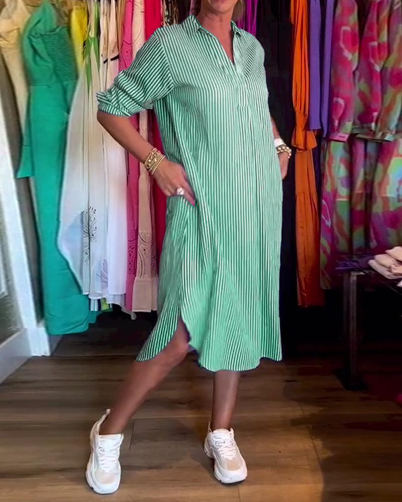 Cato - Striped Lapel Shirt Dress