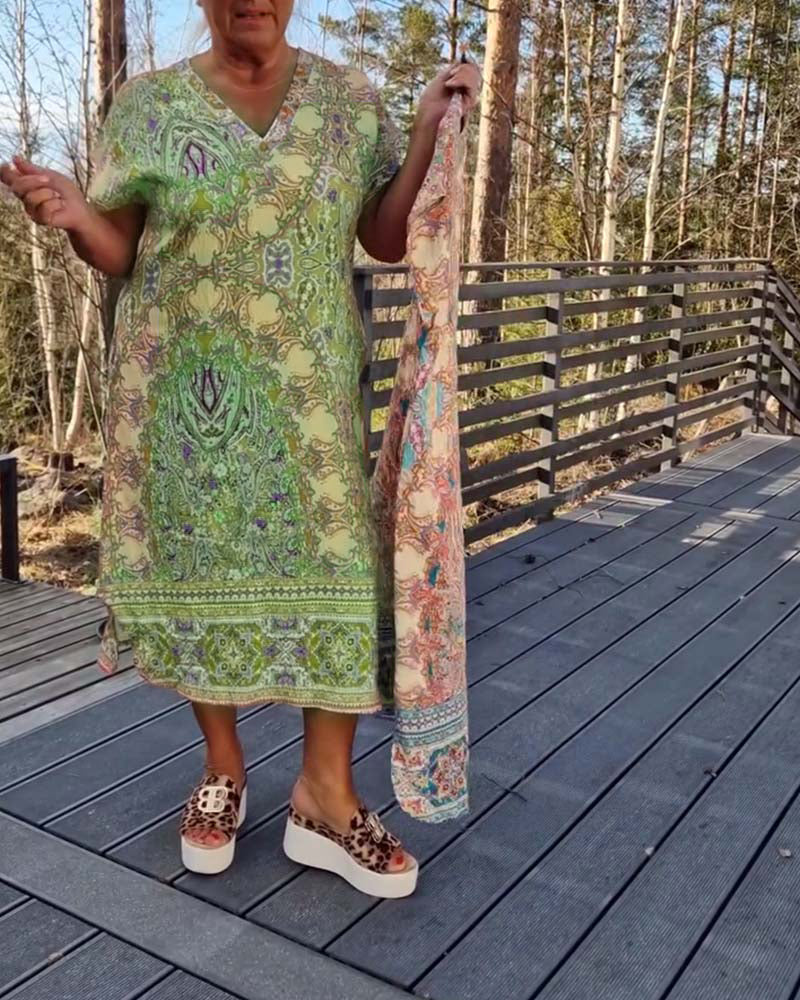 Ailina™ - Printed V-Neck Short Sleeve Straight Dress