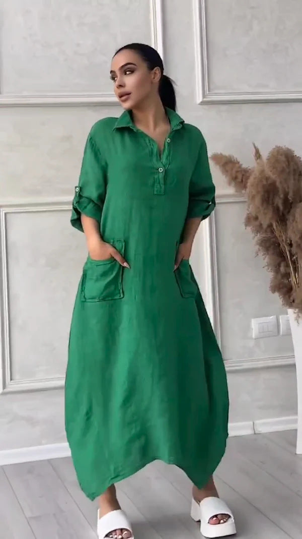 Leontine - Women's linen and cotton maxi dress with lapels