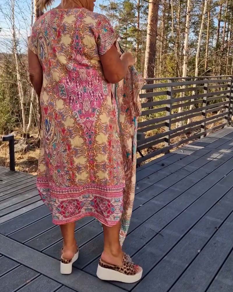 Ailina™ - Printed V-Neck Short Sleeve Straight Dress