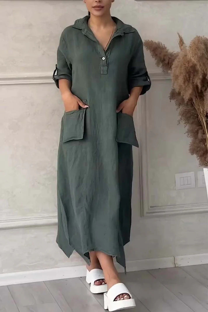 Leontine - Women's linen and cotton maxi dress with lapels