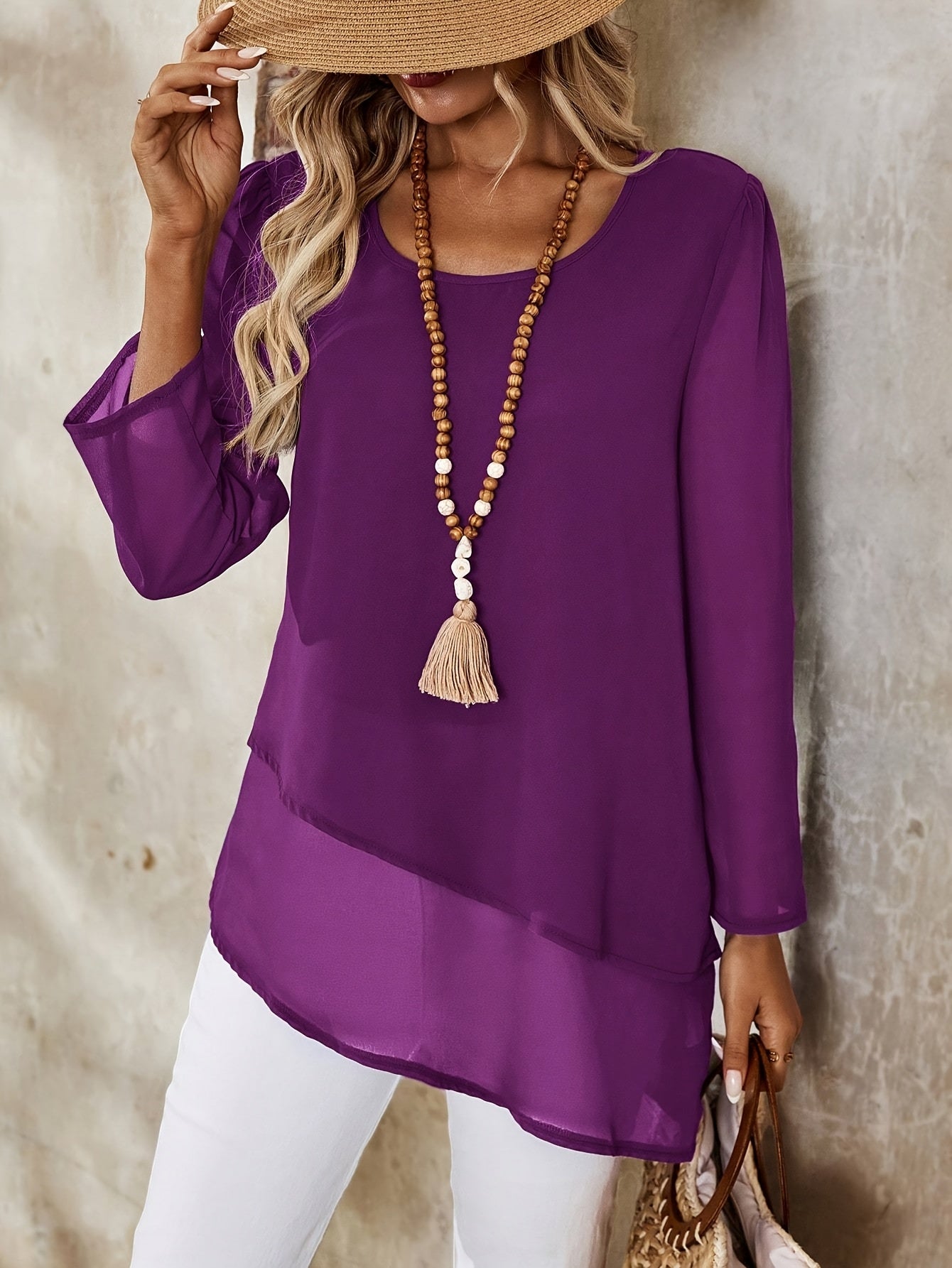 Corisande™ - Elegant double-layered blouse with asymmetrical hem and light sheerness